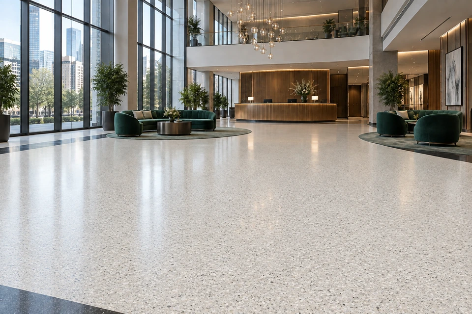 Hall d'immeuble avec sol en résine RESINORA de LITORRA